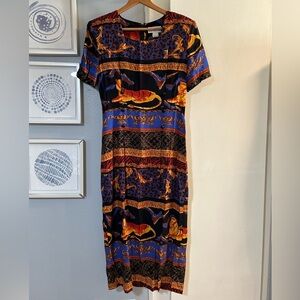 Vintage 90s Sue Brett Tiger Boho Print Short Sleeve Wrap Skirt Maxi Dress 8